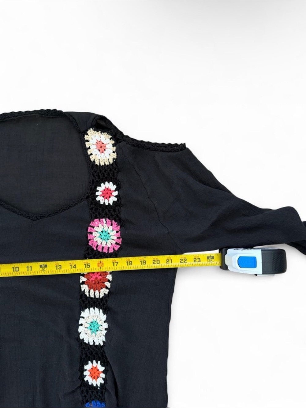 Black Cold-Shoulder Tunic with Multicolor Crochet Flower Trim - Picture 3 of 4